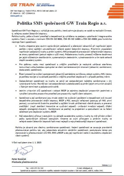 Politika IMS společnosti GW Train Regio a.s.
